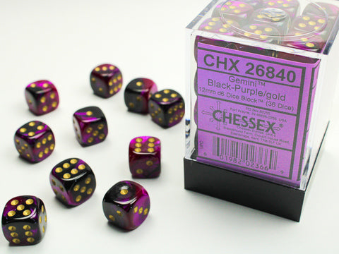 12mm d6 Schwarz-Lila/Gold (36 Würfel)