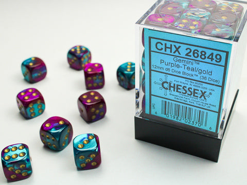 12 mm d6 Blaugrün/Gold (36 Würfel)