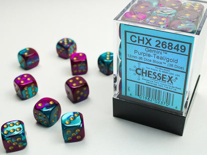 12 mm d6 Blaugrün/Gold (36 Würfel)