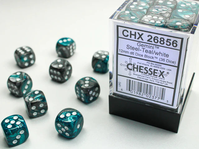 12 mm d6 Stahl-Blaugrün/Weiß (36 Würfel)