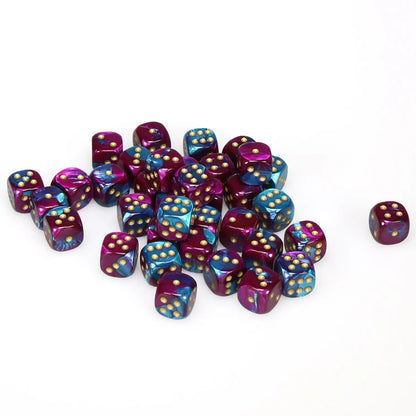 12 mm d6 Blaugrün/Gold (36 Würfel)